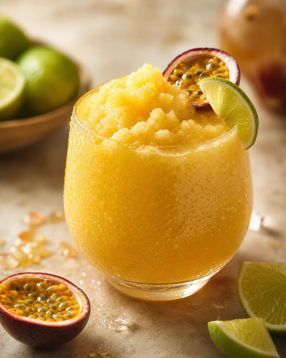 Passion Honey Rum Daiquiri Slush in a glass with a golden tropical hue