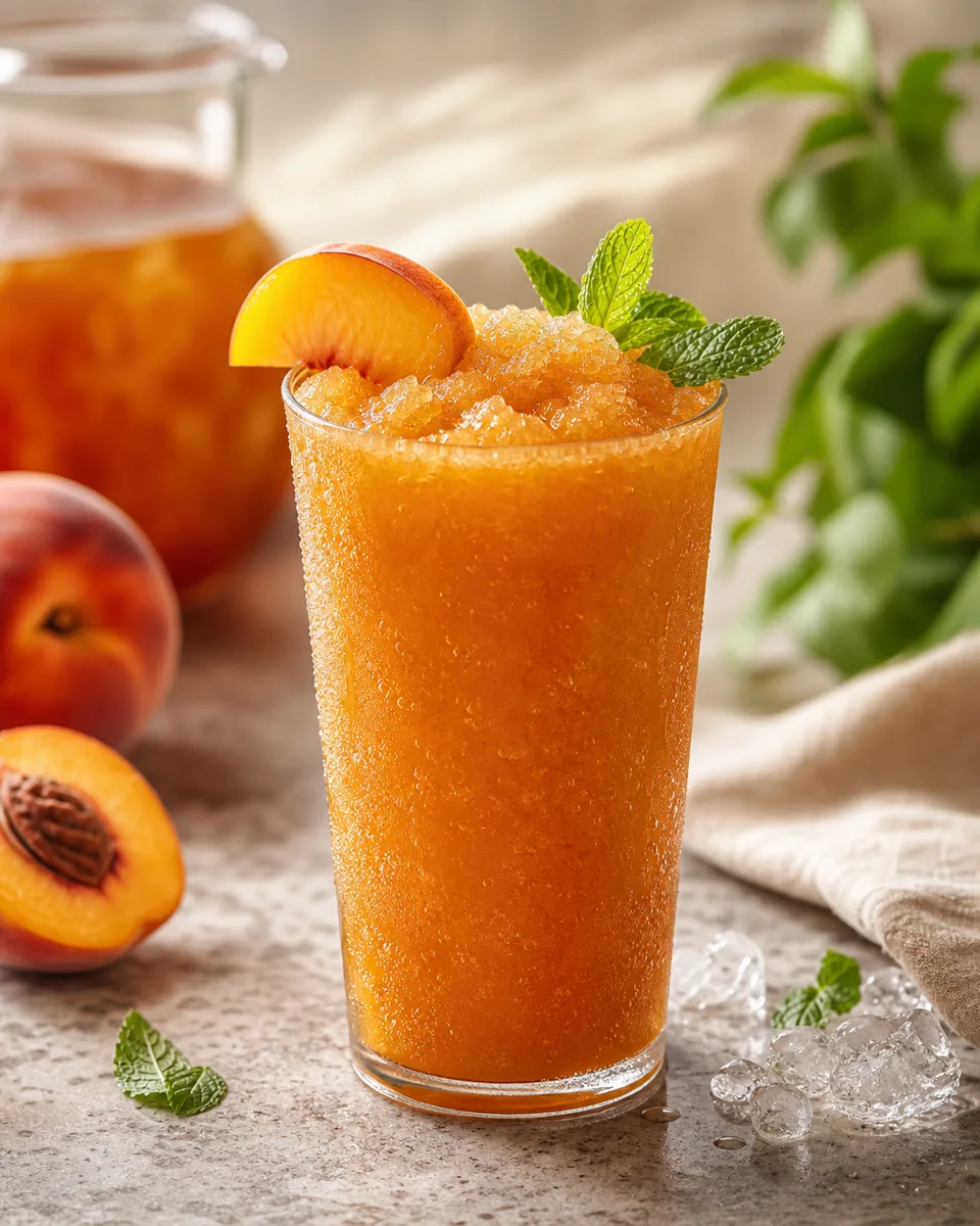 Peach Iced Tea Slush served in a glass with a golden peach-tea color