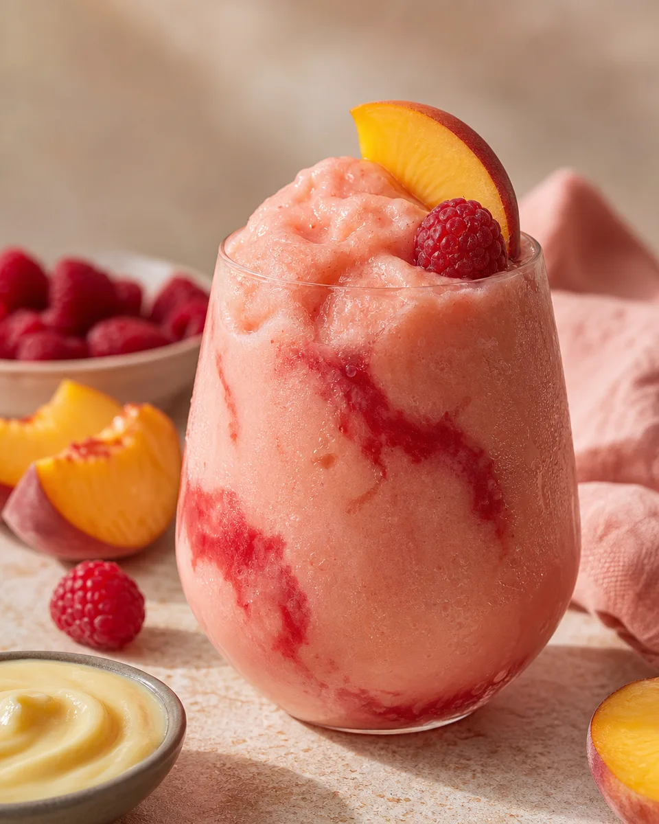 Peach Melba Smoothie Slush in a glass with a creamy pink-peach finish