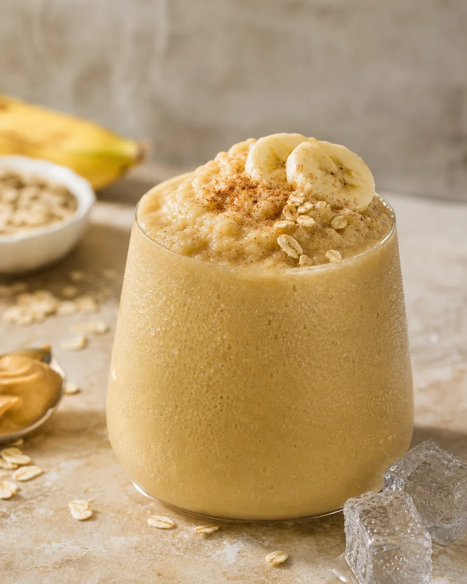 Peanut butter banana oat smoothie with a creamy golden color in a glass