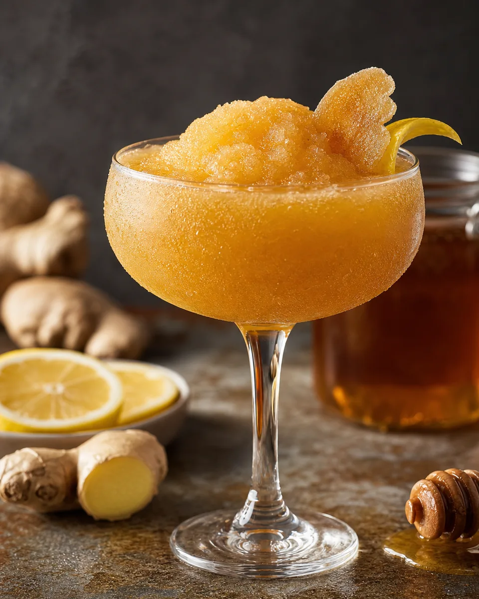 Penicillin Scotch honey ginger slush in a glass with a golden whisky color