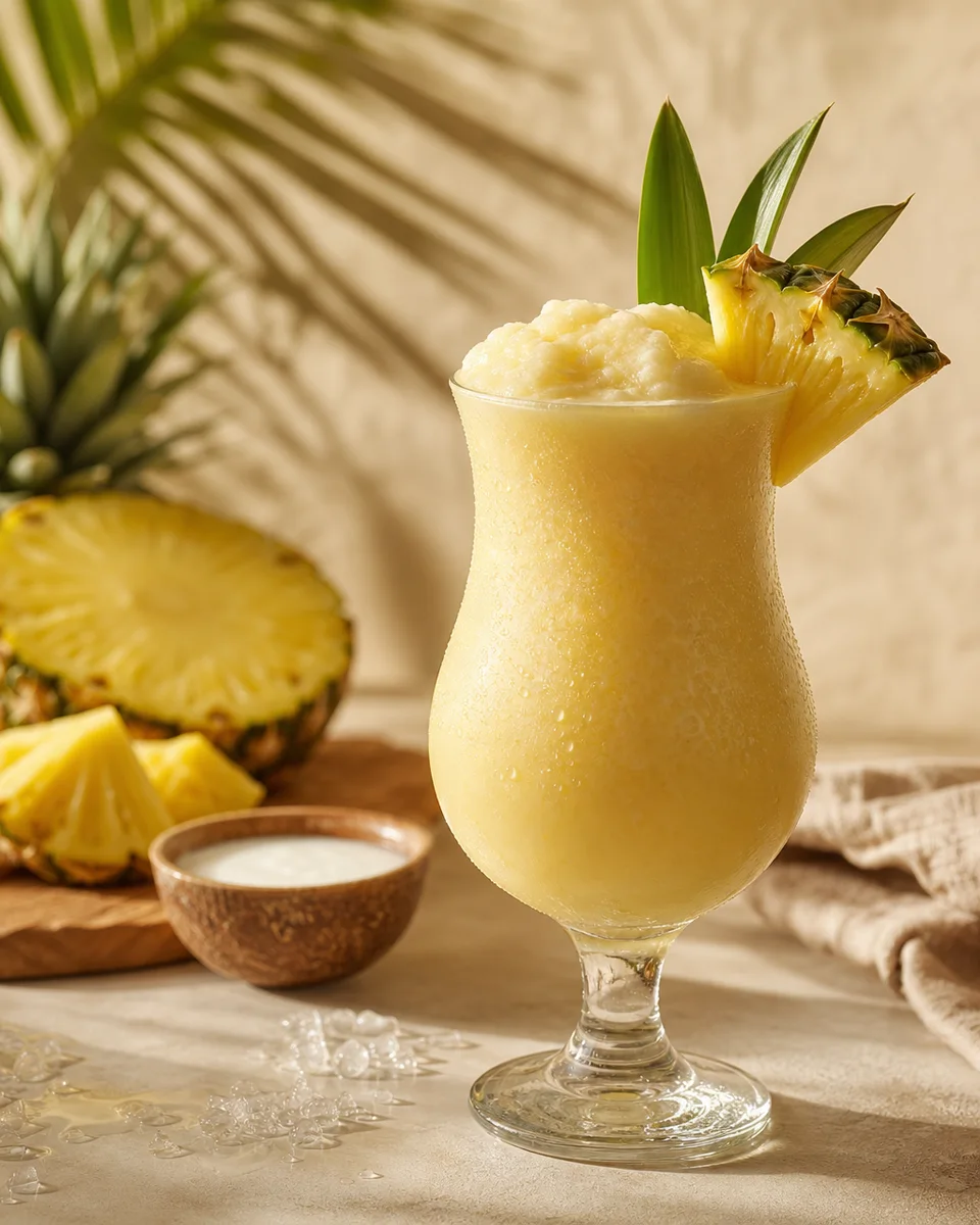 Creamy Piña Colada Slush with pineapple and coconut in a chilled glass