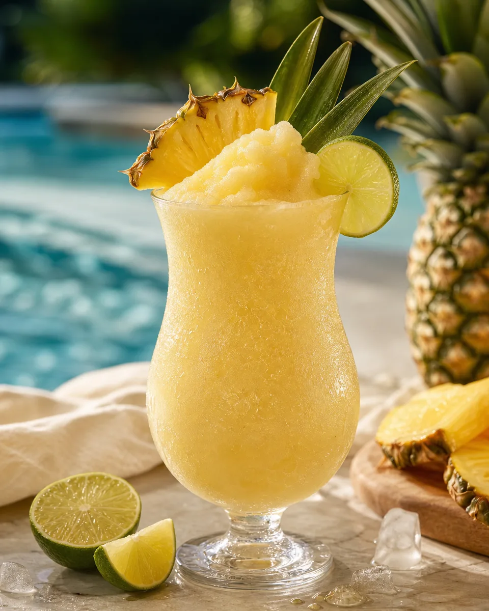 Piña Colada Slush in a glass with a creamy golden pineapple-coconut texture