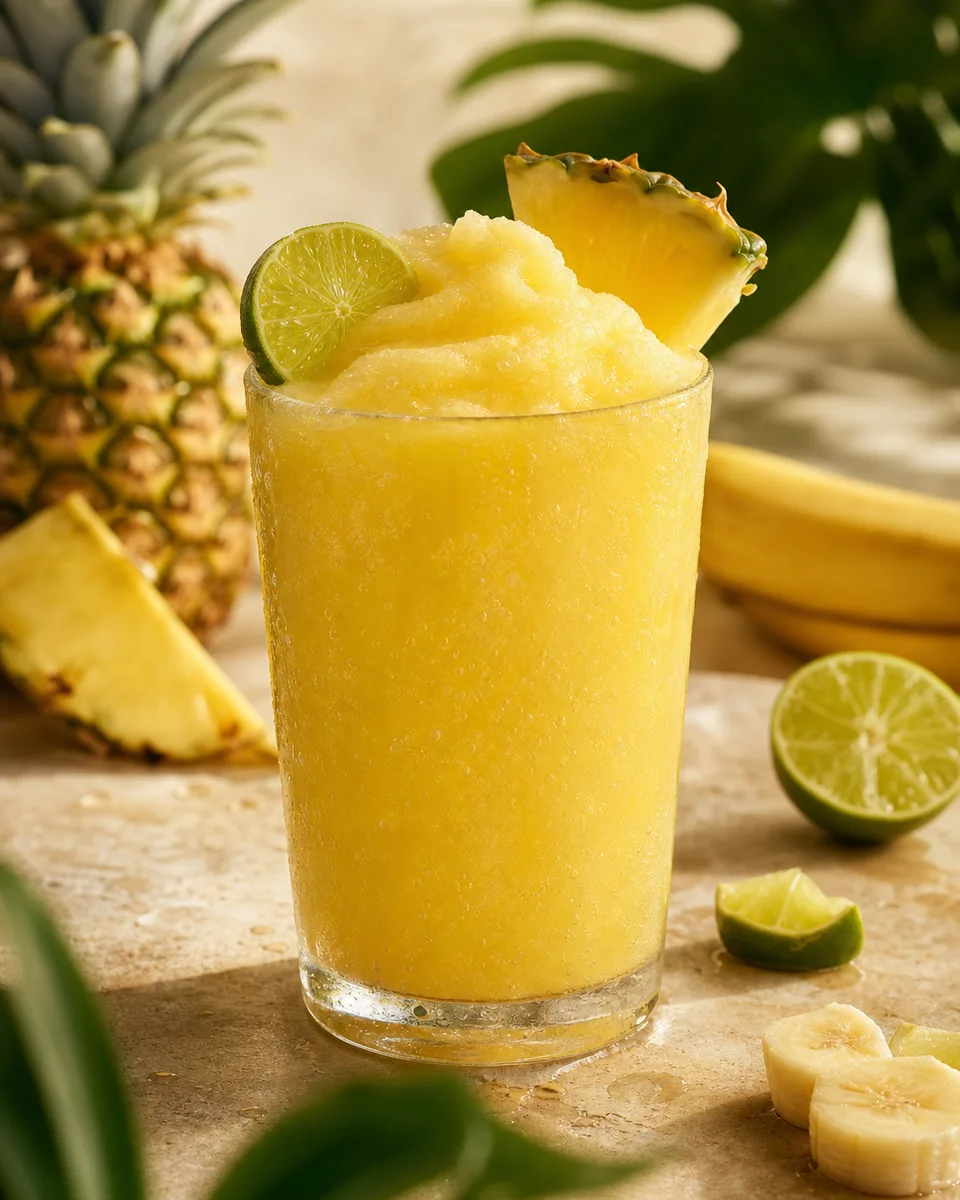 Pale yellow Pineapple Banana Lime Smoothie with a thick, icy texture.