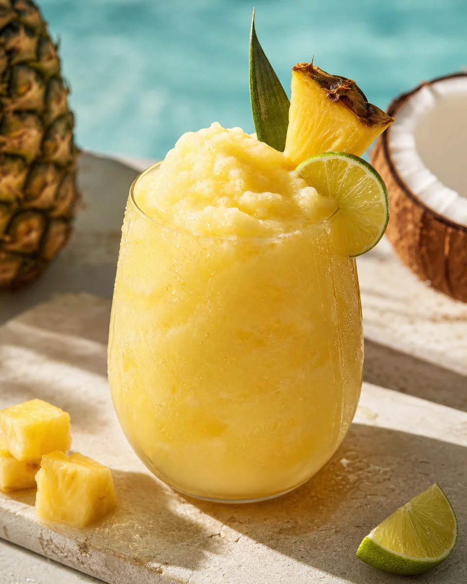 Pineapple Coconut Tequila Slush in a glass with a creamy golden tropical finish