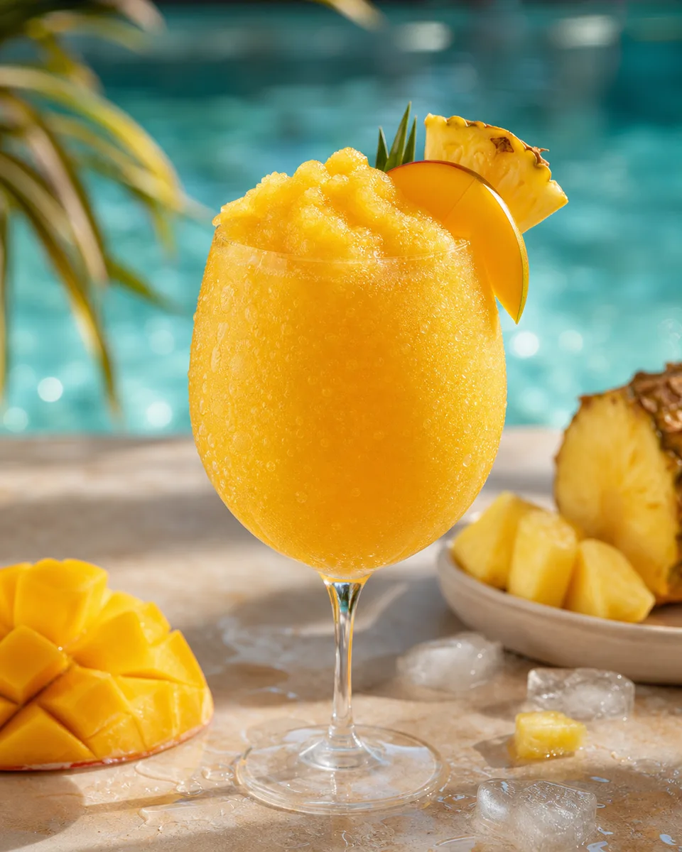 Pineapple Mango Prosecco Spritz Slush in a chilled glass