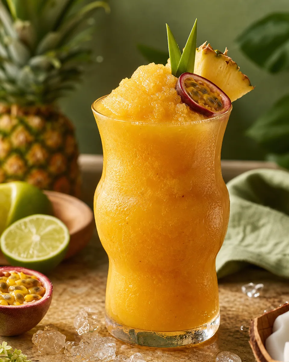 Pineapple Passion Rum Tiki with a golden icy texture in a glass.