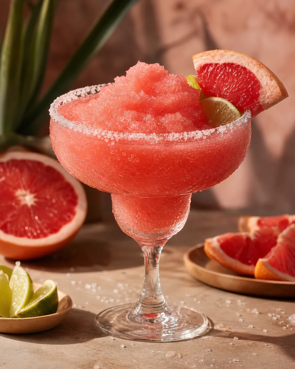 Pink Grapefruit Margarita Slush in a chilled glass with a rosy citrus color