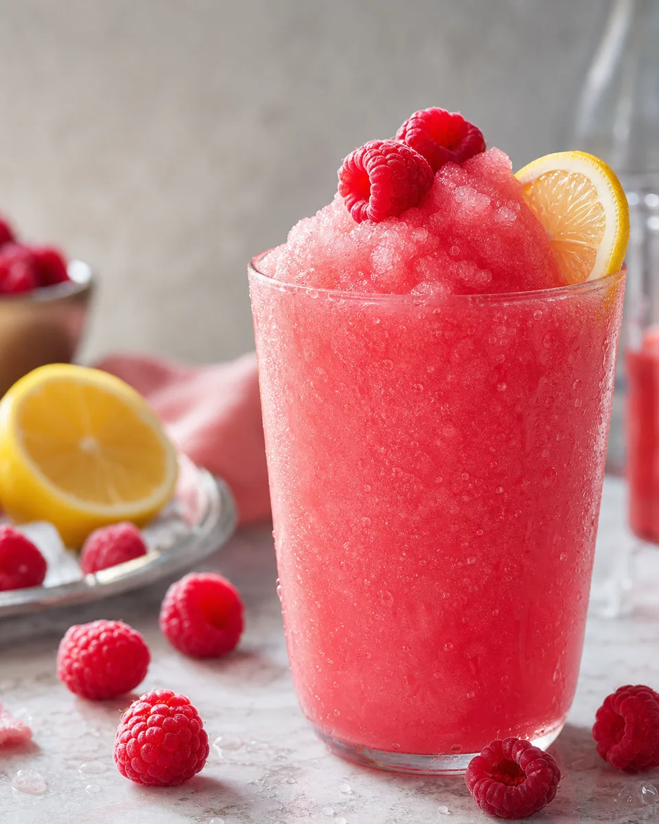 Pink raspberry lemonade slush in a chilled glass