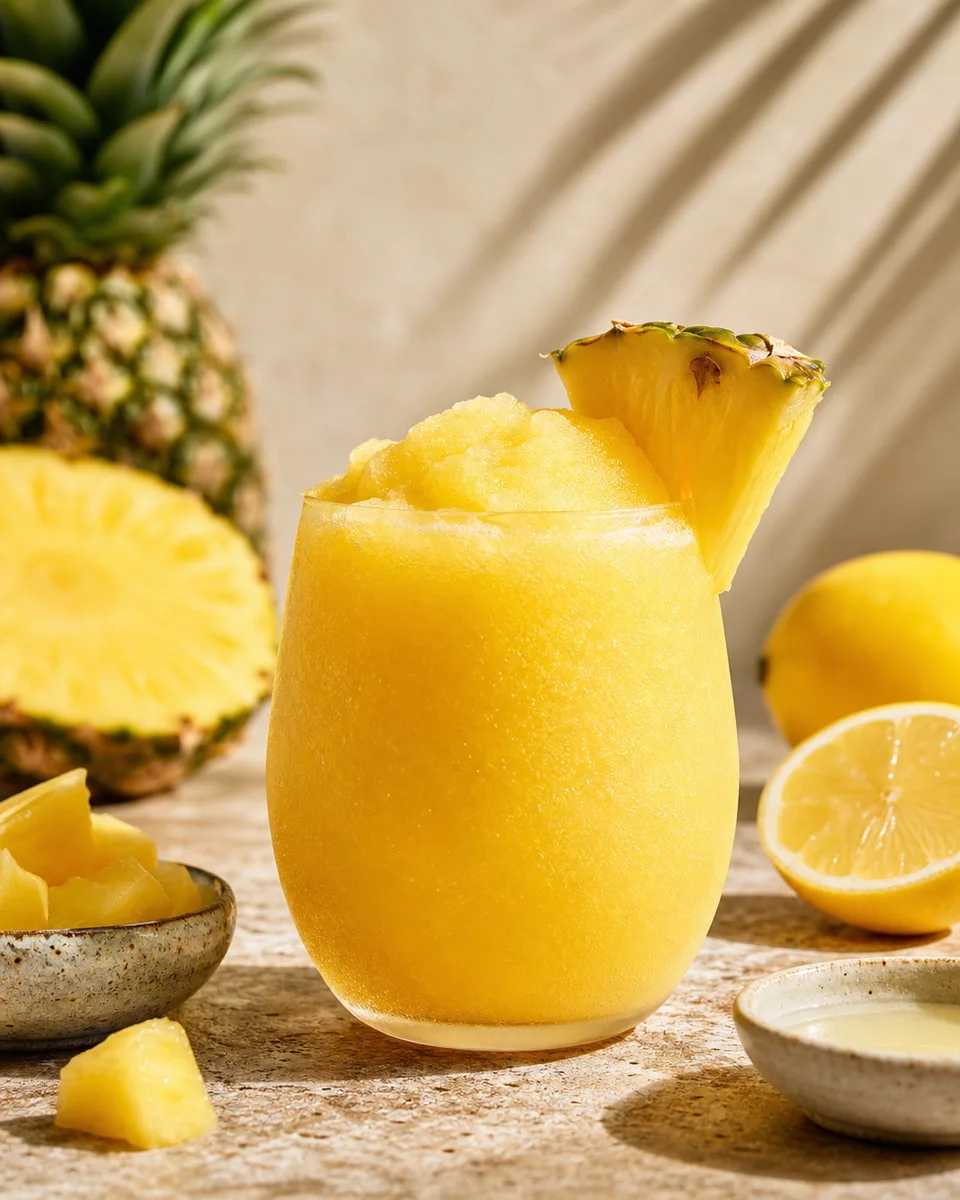 Pisco Pineapple Punch Slush in a chilled glass with a golden pineapple color