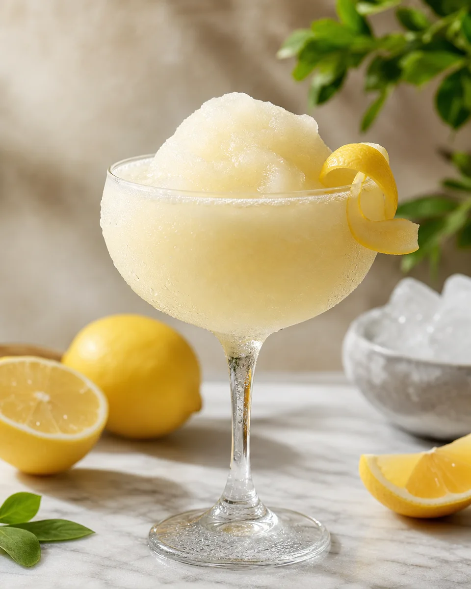 Pisco Sour Slush with a pale creamy lemon color in a glass