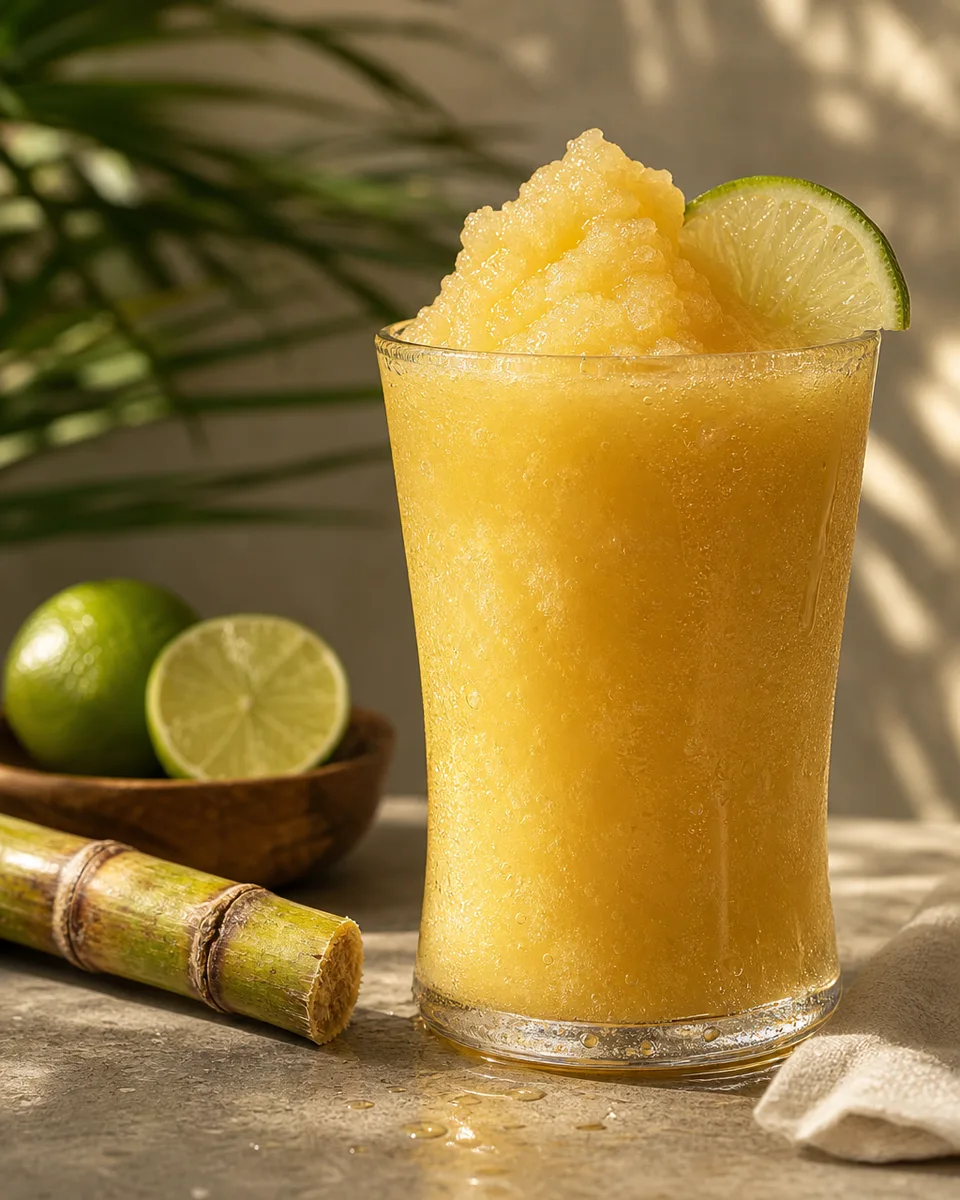 Planters Punch Slush with Jamaican rum, lime, and sugar cane in a golden icy drink