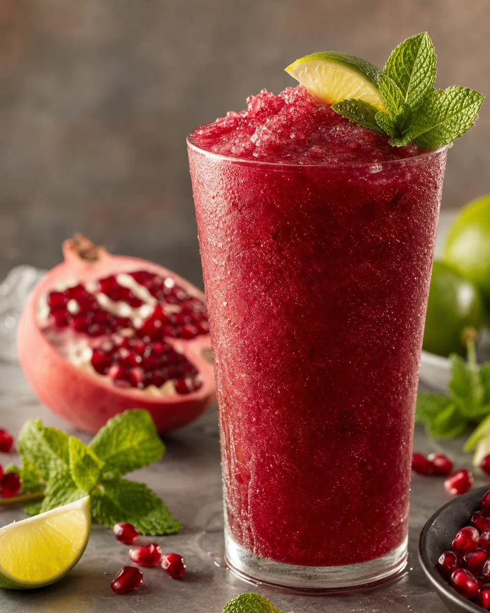 Pomegranate lime mojito mocktail slush in a glass
