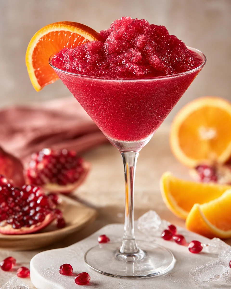 Pomegranate Orange Gin-Free Slush served icy in a glass with a deep ruby-red color