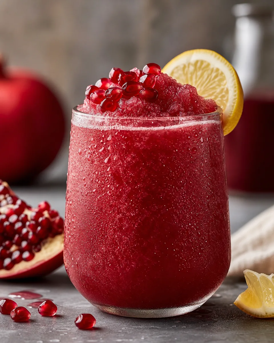 Pomegranate Tea Sour Mocktail Slush served with a deep ruby icy texture