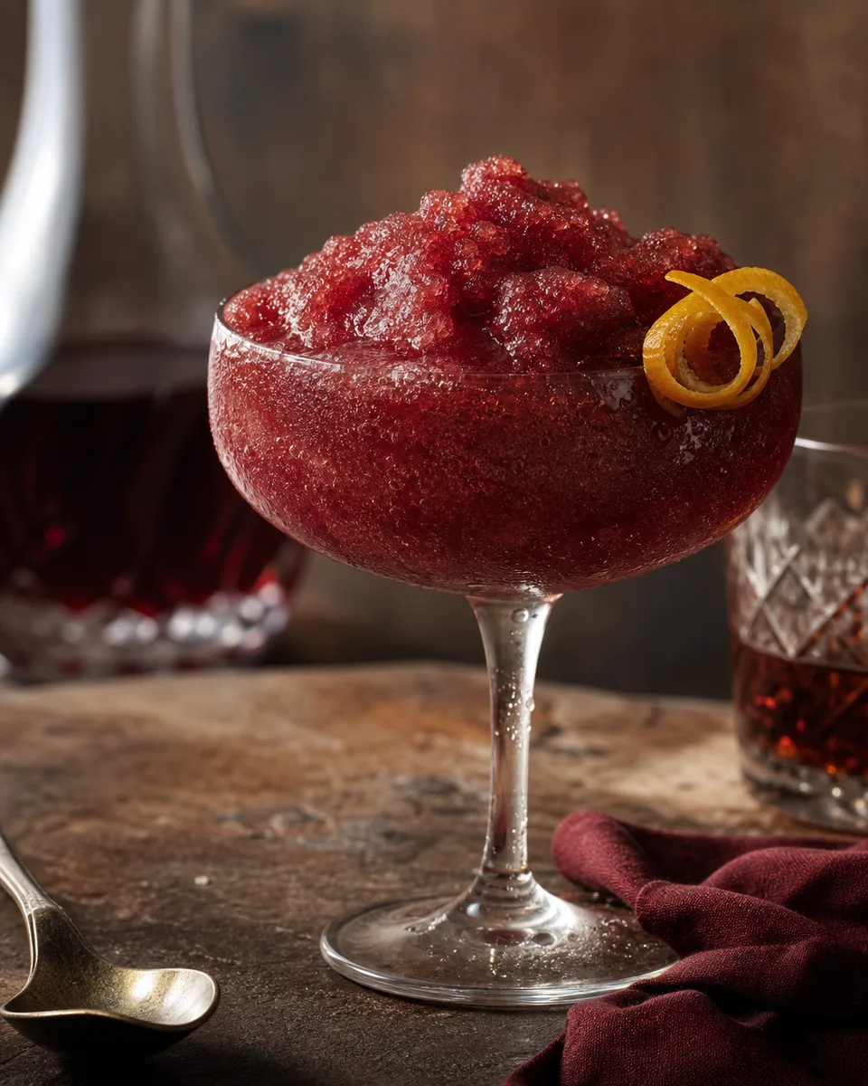 Porto Flip Slush with a deep ruby port color in a chilled glass