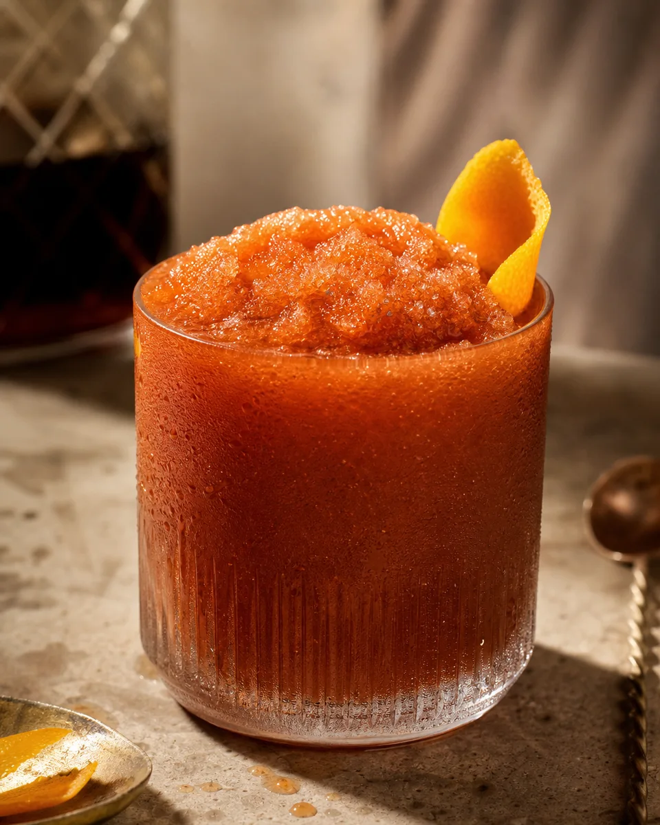 Rabo de Galo Slush with a reddish amber icy texture in a chilled glass