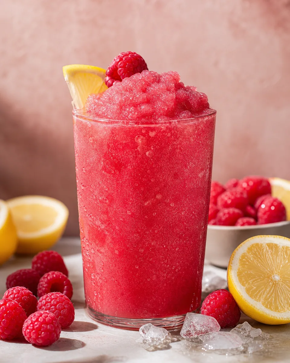 Raspberry Lemonade Slush in a chilled glass with a deep pink icy texture