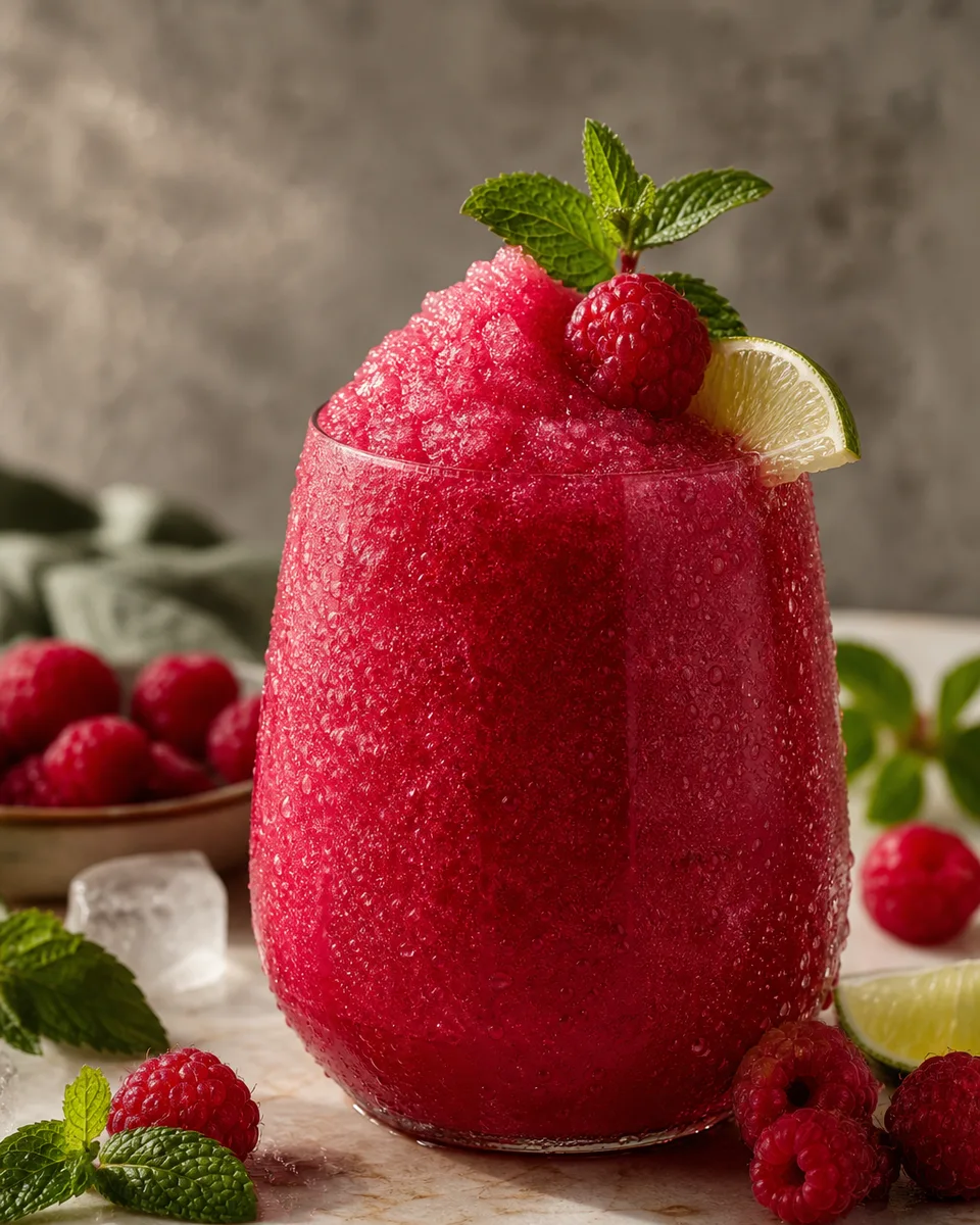 Raspberry Mint Shrub Slush in a glass with a deep pink icy texture