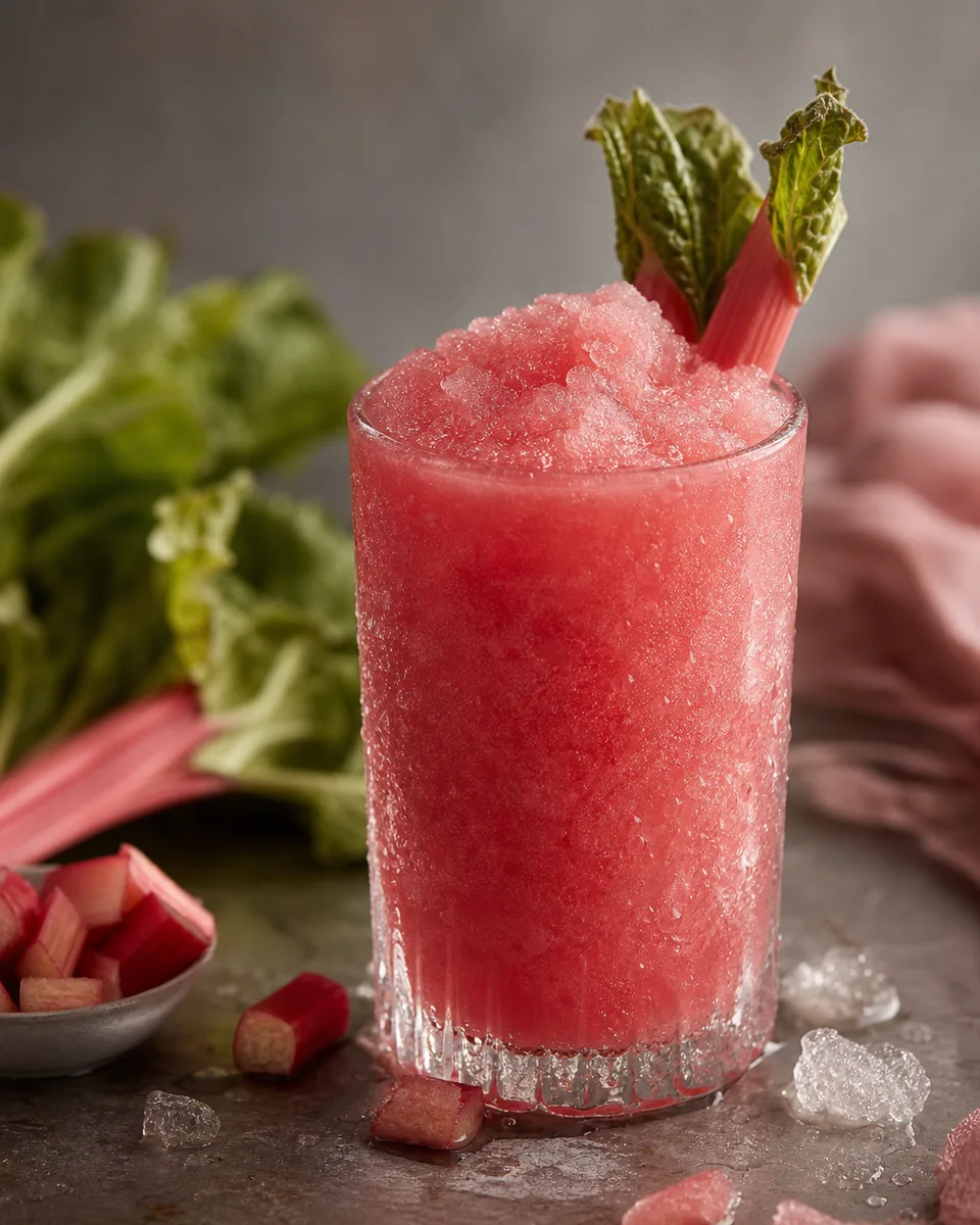 Ruby-pink Rhubarb Cordial Slush served icy in a glass