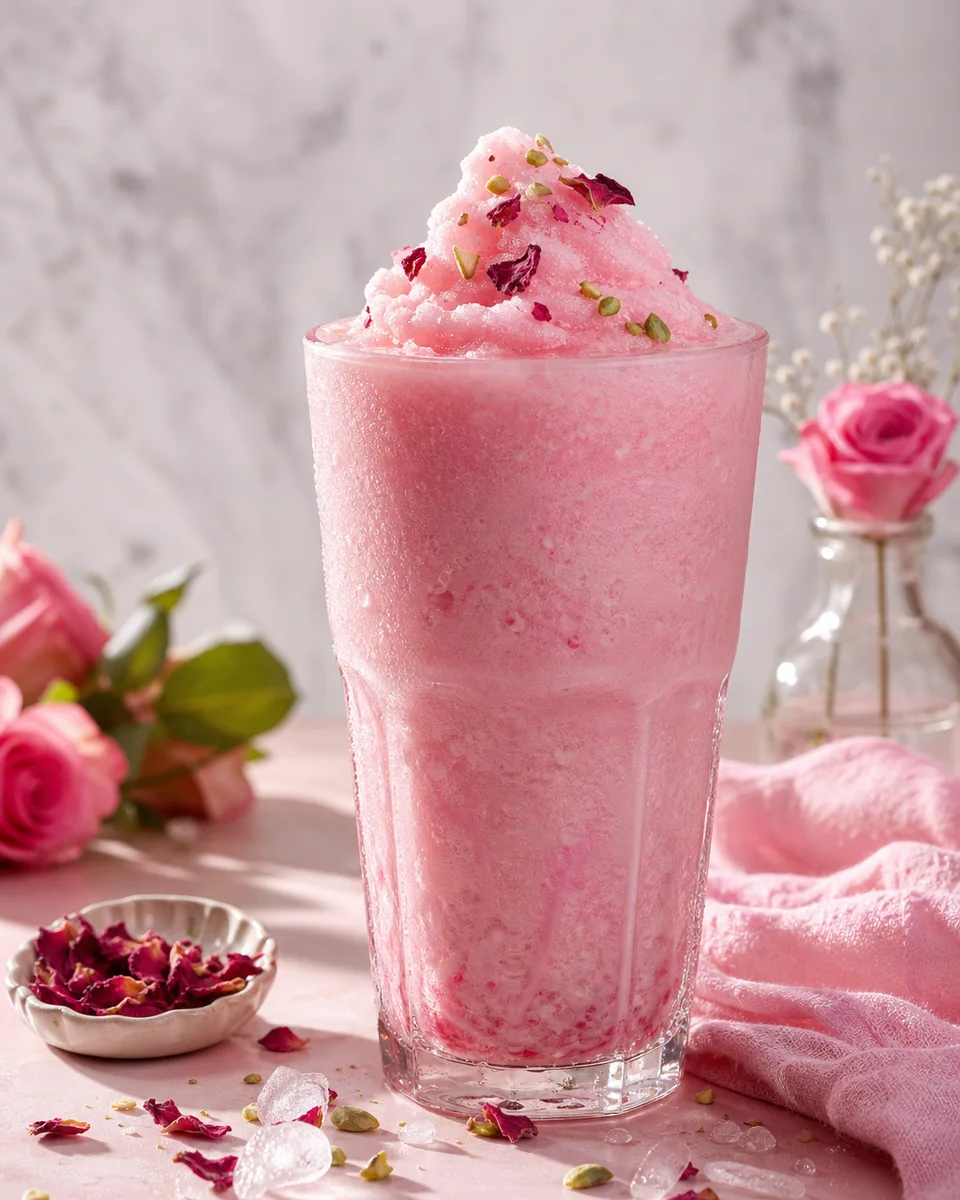 Pale pink Rose Milk Falooda Slush served in a chilled glass