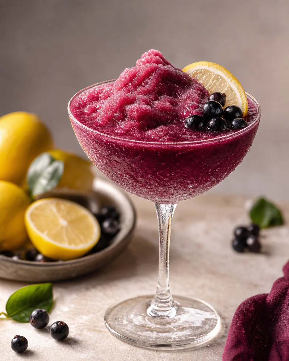 Russian Spring Punch Slush in a glass with a deep berry-red icy texture