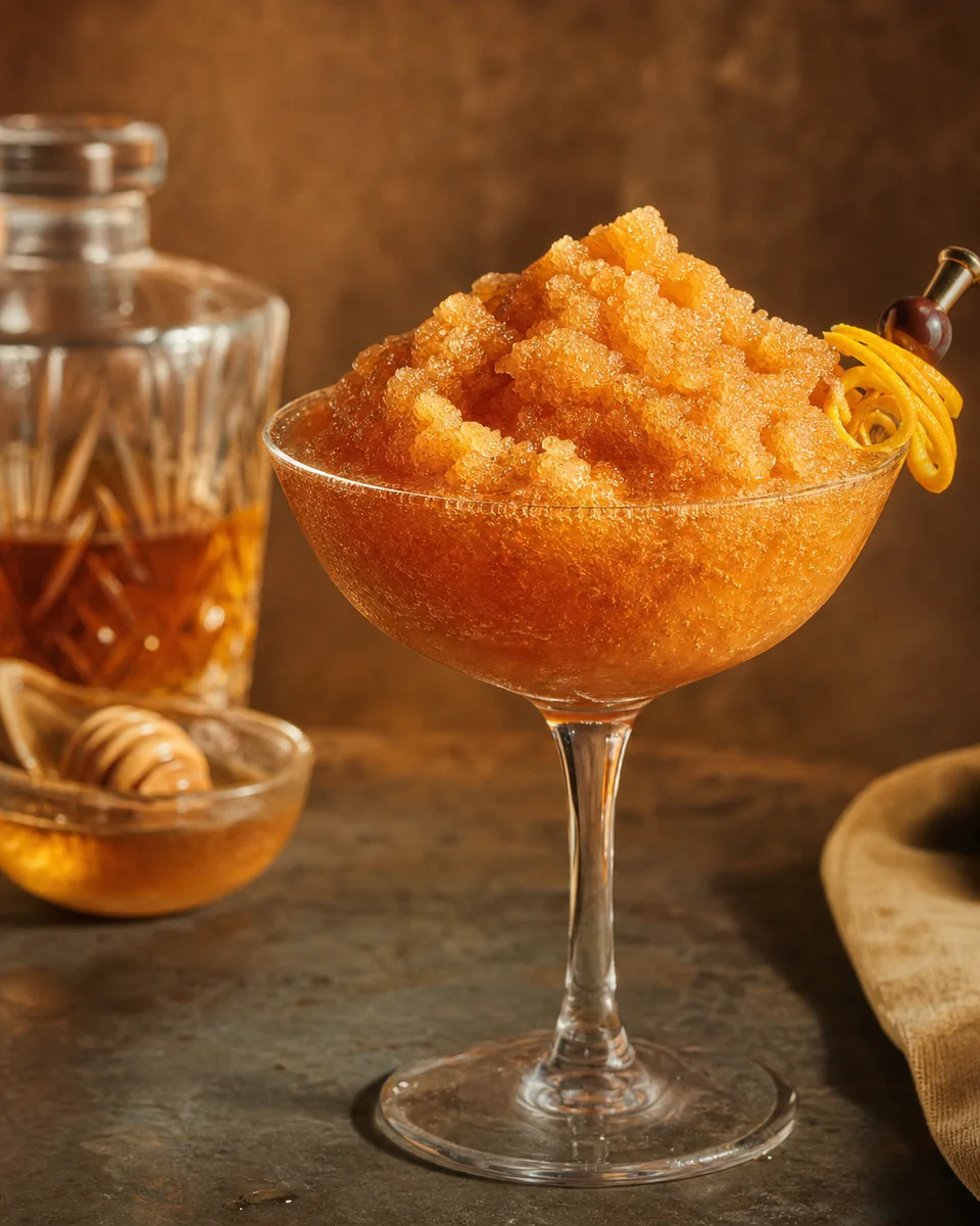 Rusty Nail Slush in a rocks glass with a deep amber whisky color