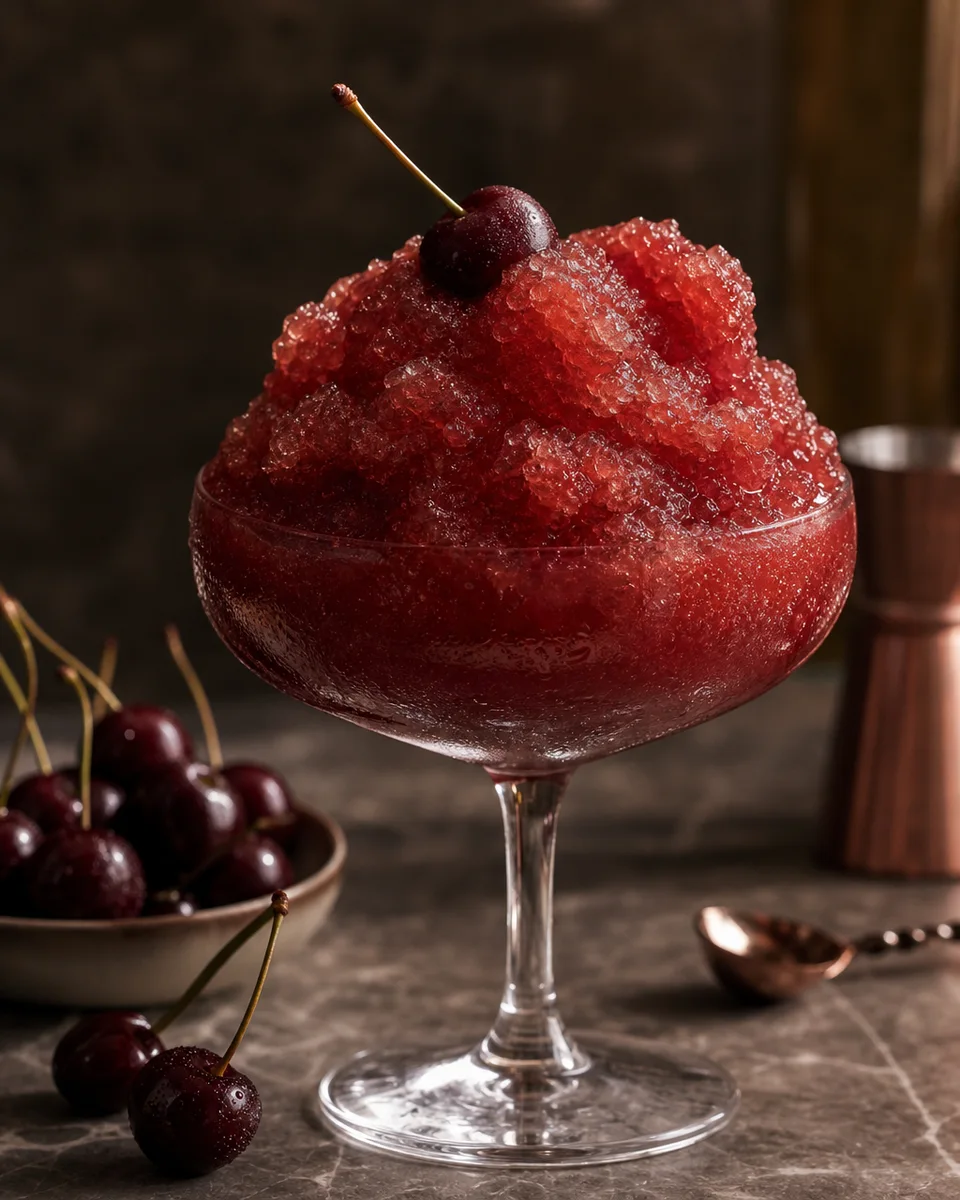 Remember the Maine Slush with a deep cherry-vermouth color in a chilled glass