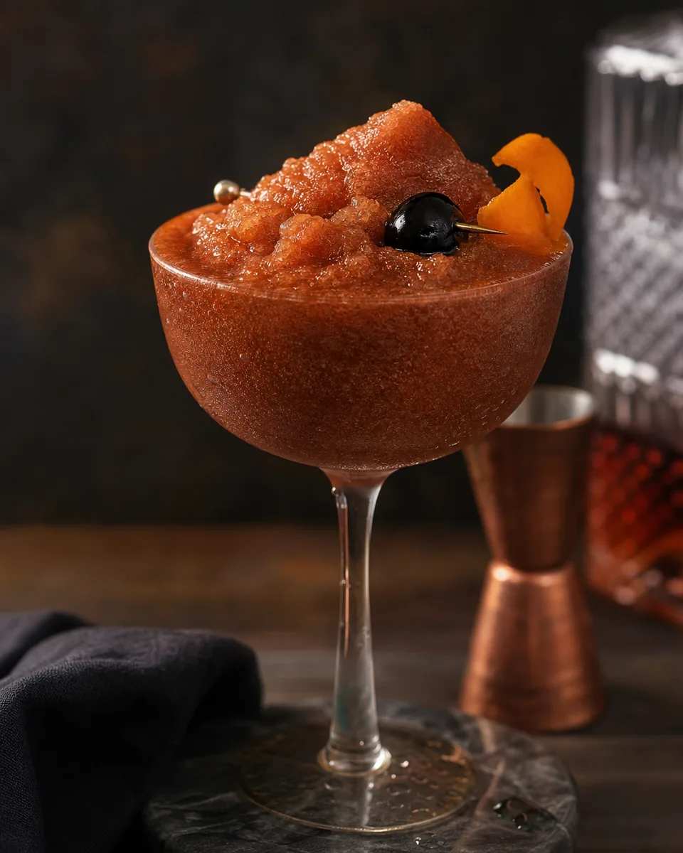 Rye Manhattan Slush in a chilled glass with a deep amber cocktail color.