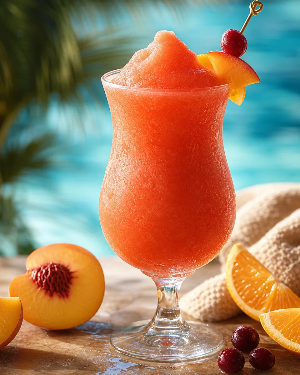 Sex on the Beach Slush in a glass with a peach-orange cranberry color