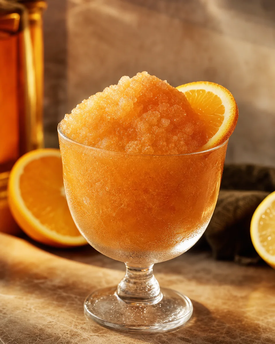 Sherry Citrus Cobbler Slush with an amber-orange icy texture in a glass