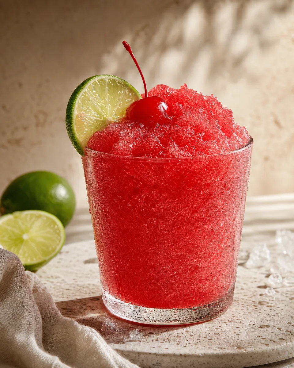 Ruby-red Shirley Temple Slush in a chilled glass