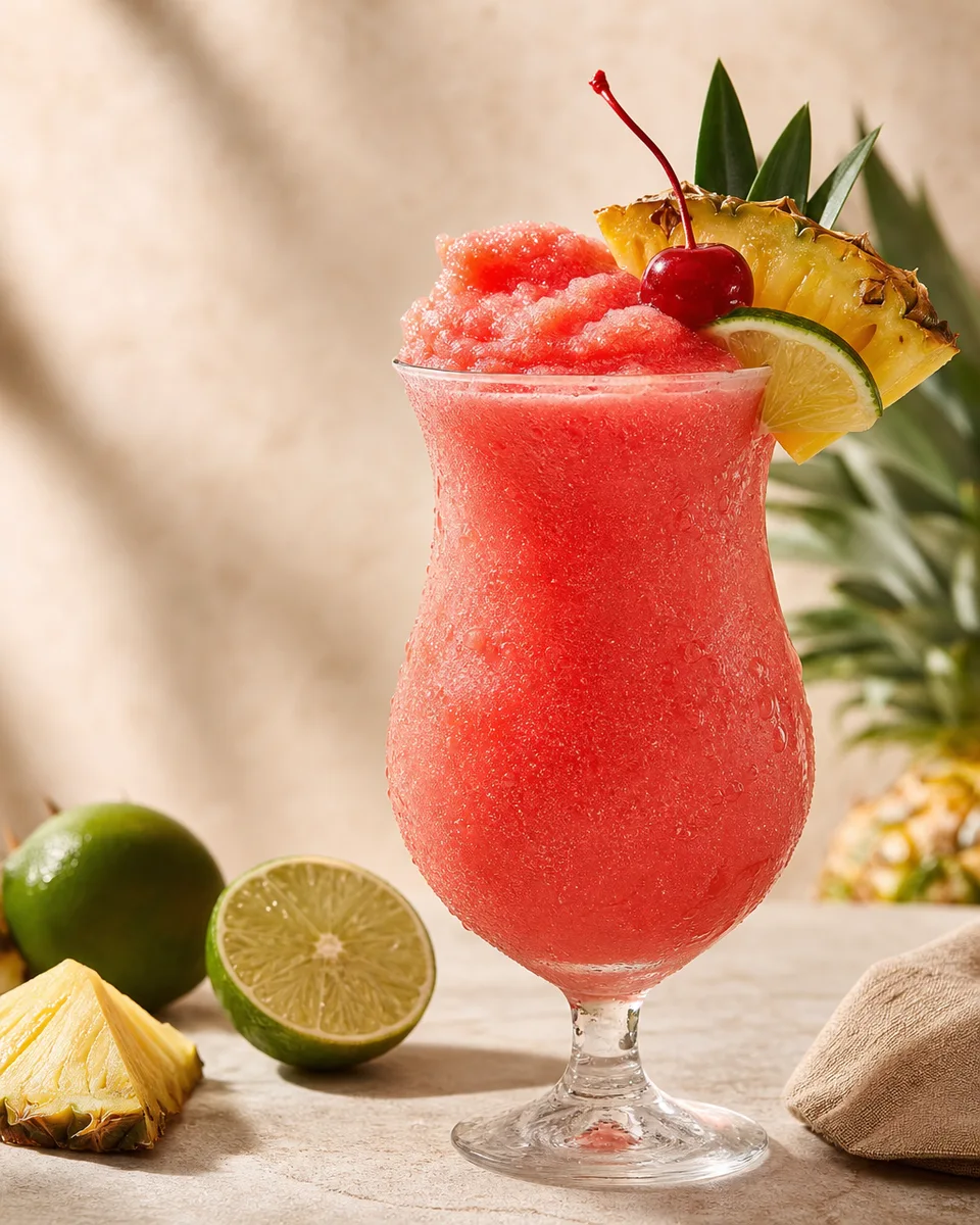 Singapore Sling Slush with a coral-pink pineapple and cherry drink in a glass