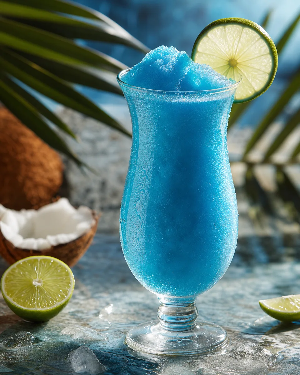 Resurrection Slush in a glass with vivid blue tropical cocktail color