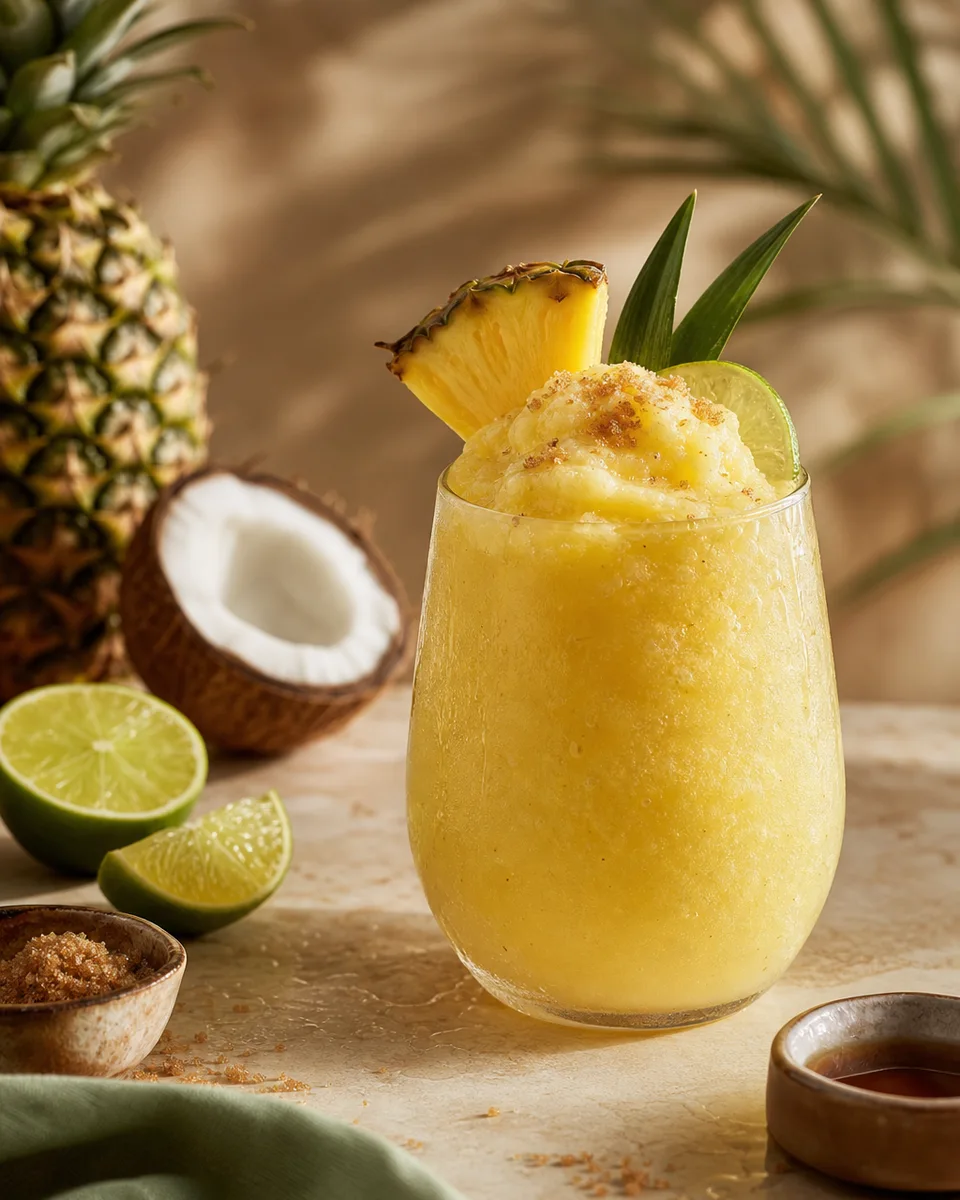 Spiced Virgin Piña Colada Slush in a glass with a creamy pale yellow pineapple-coconut texture