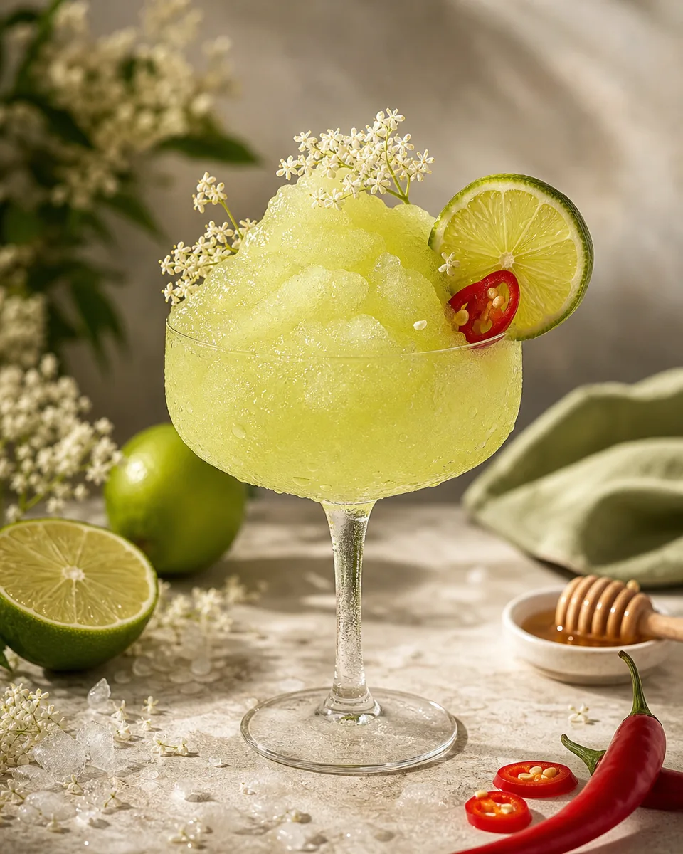 Spicy Vanilla Elderflower Lime Slush with a pale lime-green icy texture