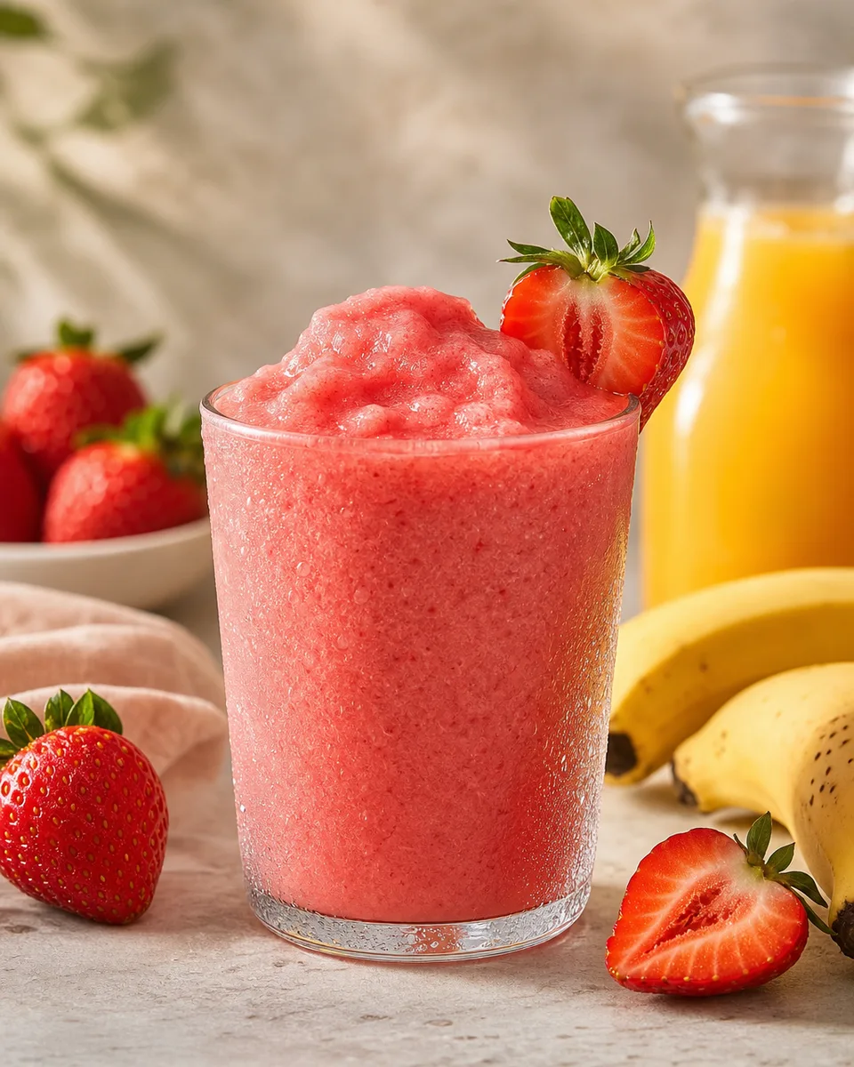 Strawberry banana smoothie slush in a chilled glass