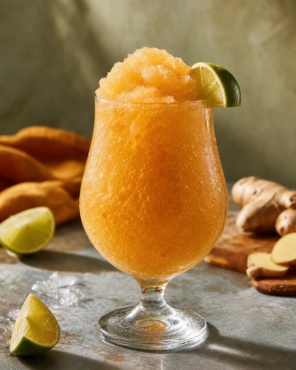Suffering Bastard Slush with a pale amber icy texture in a glass.