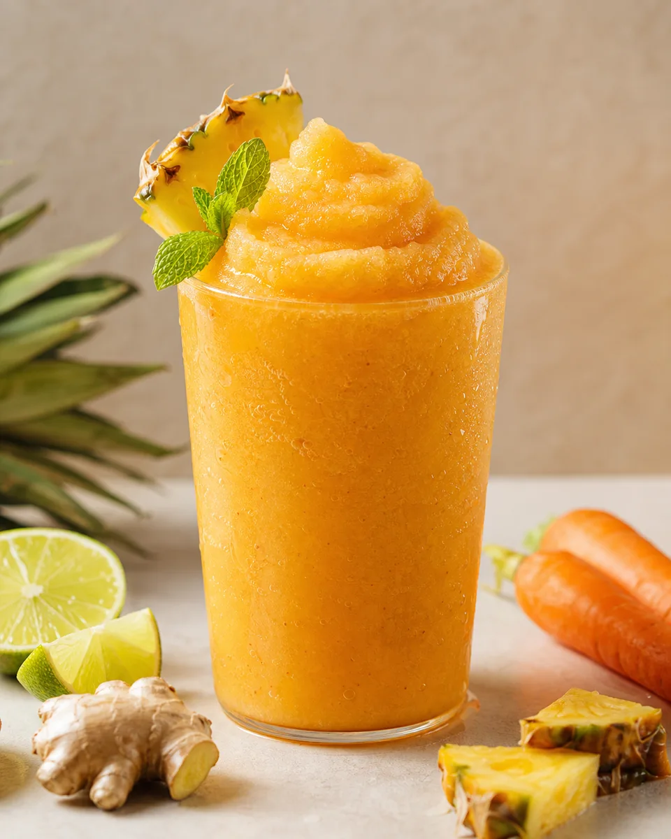 Sunshine carrot pineapple smoothie slush in a glass with a golden-orange color