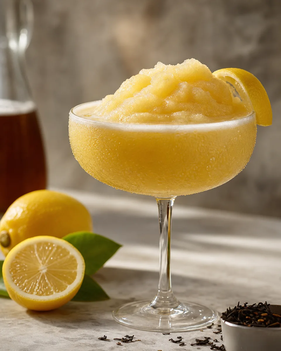 Tea Whiskey Sour Mocktail Slush in a chilled glass with a pale lemon tea color.