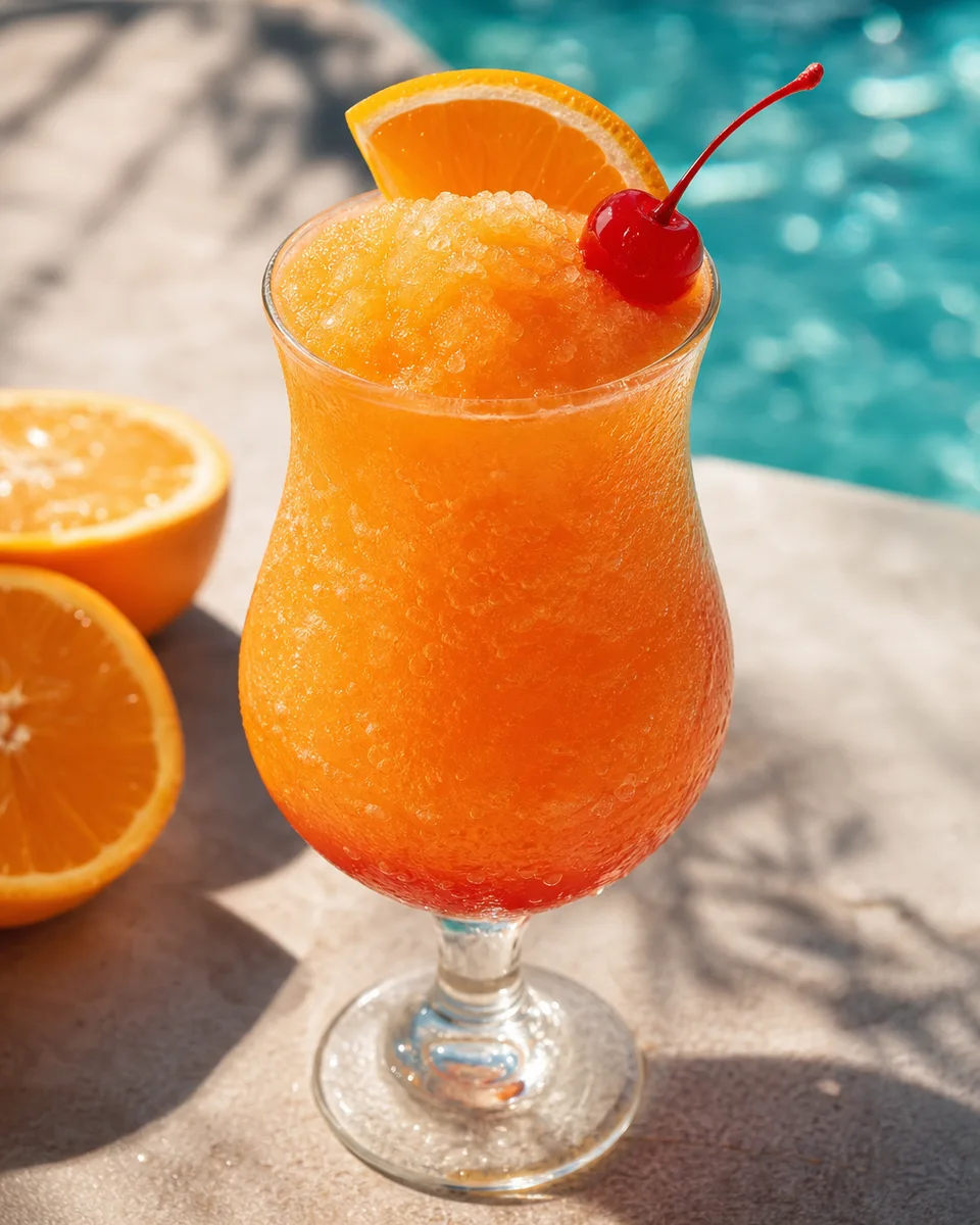 Tequila Sunrise Slush with an orange-red icy texture in a chilled glass