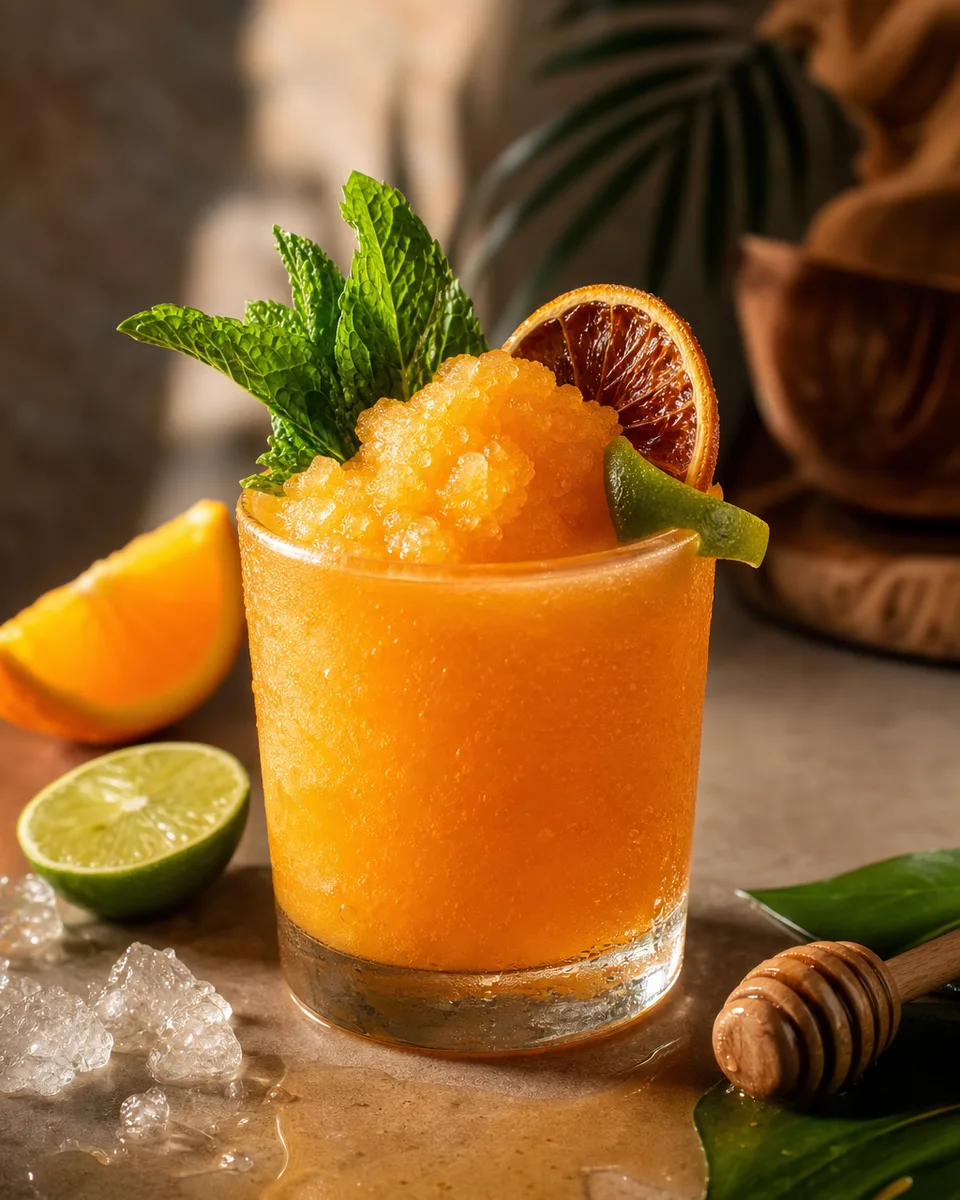 Three Dots and a Dash Slush with a golden-orange icy texture in a glass