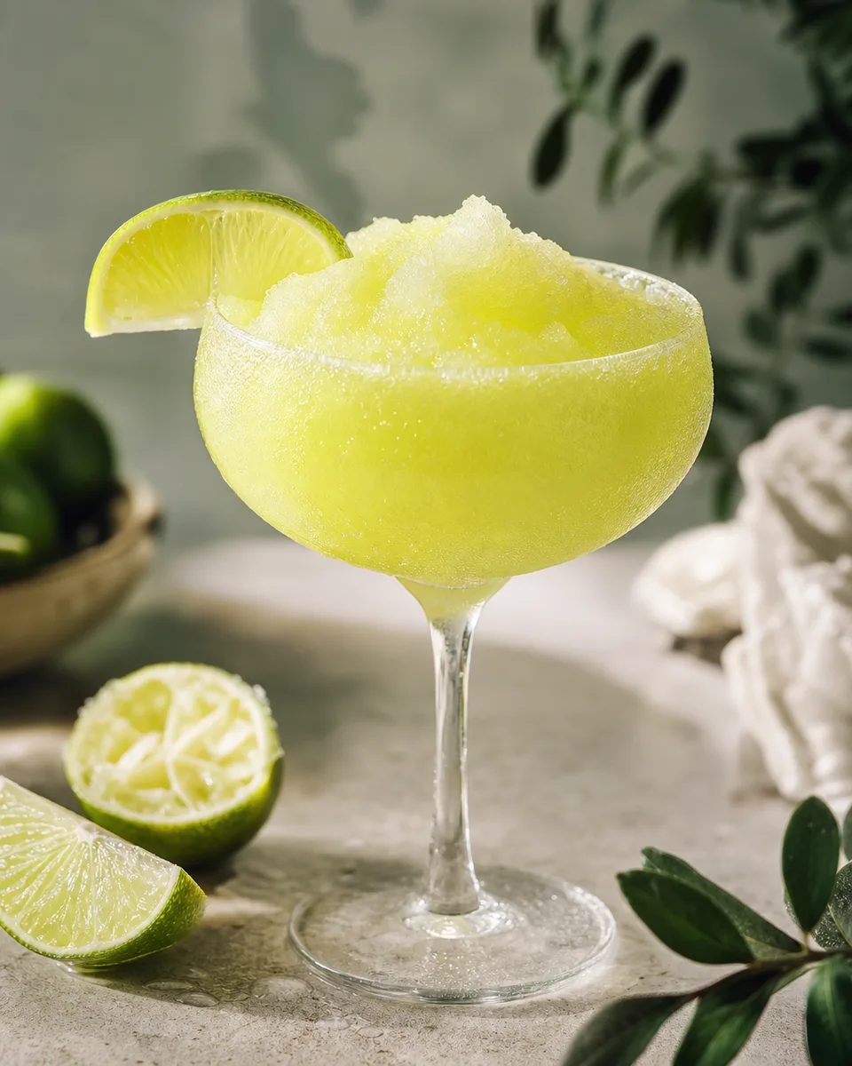 Tommy’s Margarita Slush with a pale lime-green icy texture in a glass