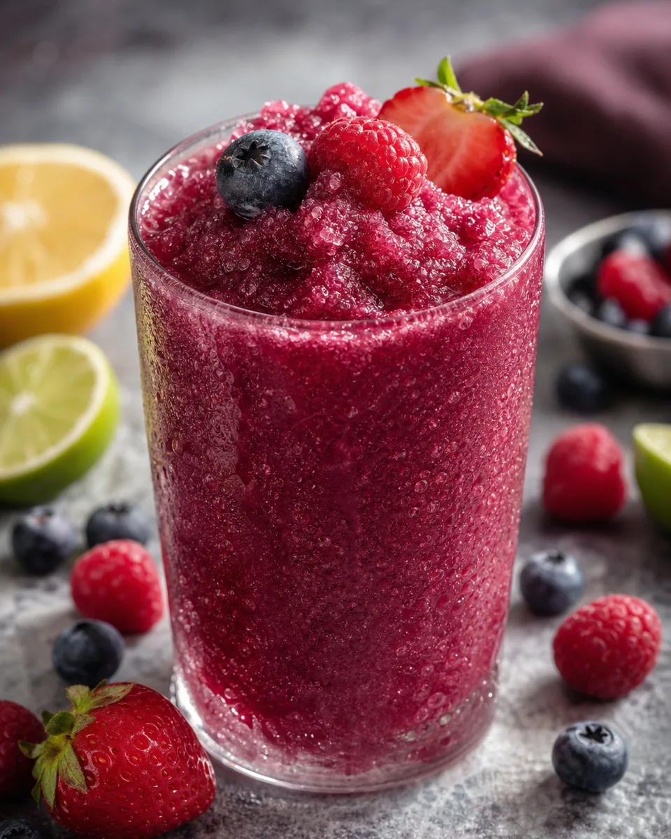 Triple Berry Coconut Sparkler in a glass with a deep berry-colored icy texture