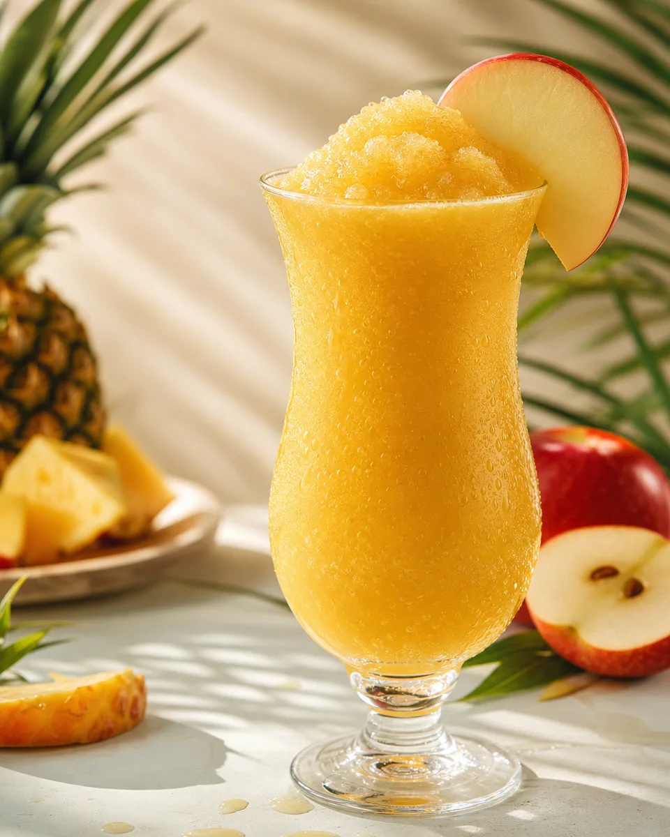 Tropical Apple Fizz Slush in a chilled glass with a golden icy texture
