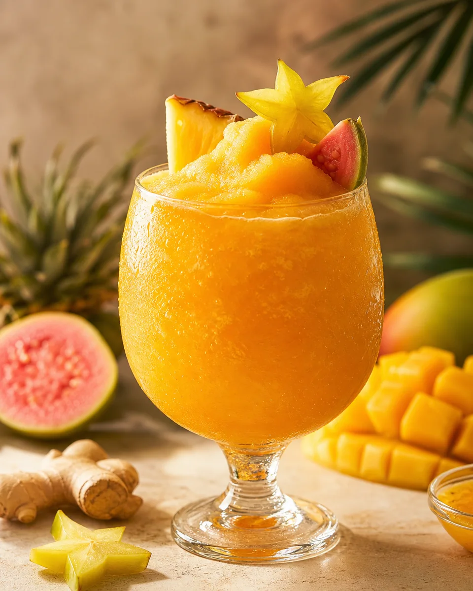Tropical guava mango punch slush in cups with a golden orange fruit finish