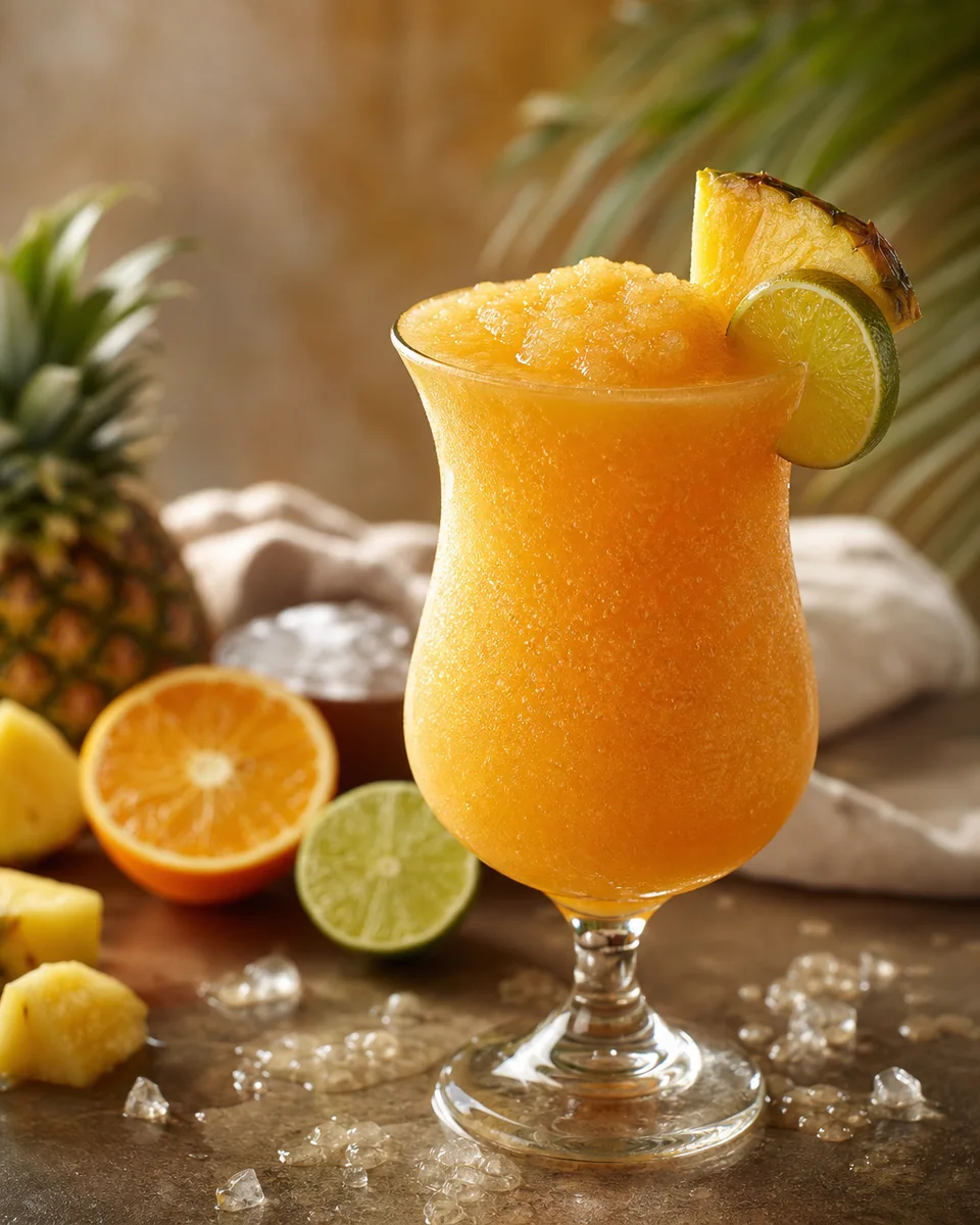 Tropical Rum Punch Slush in a glass with an orange-gold color