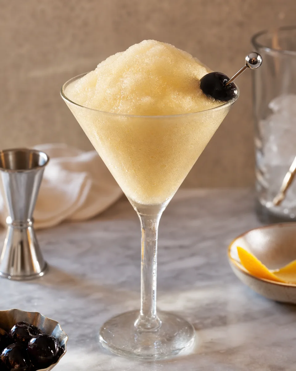 Tuxedo Gin Vermouth Slush served pale gold in a chilled cocktail glass