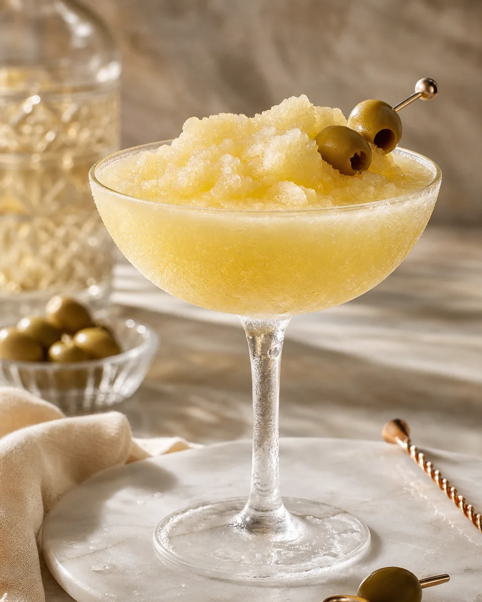 Vesper Slush with a pale golden icy texture in a chilled glass
