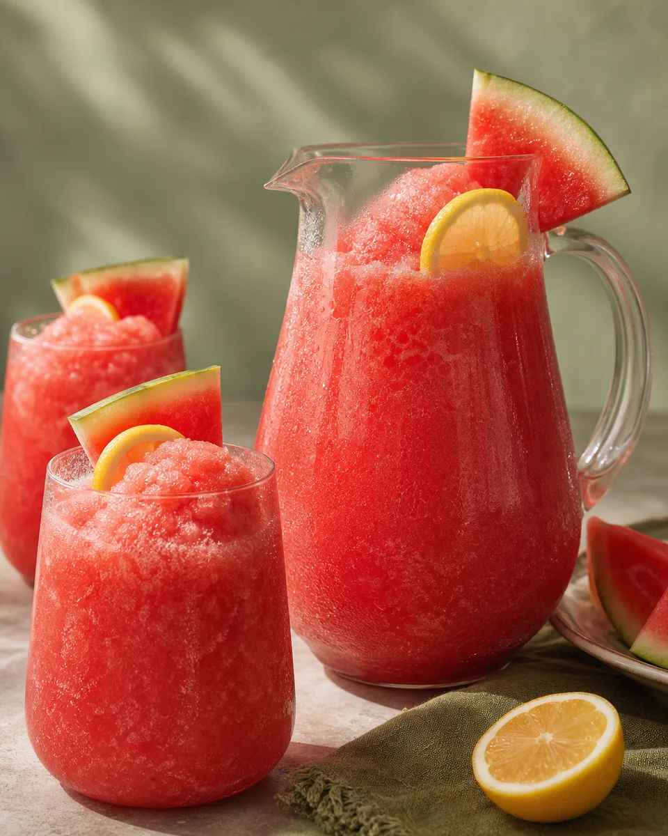 Watermelon Lemonade Slush in glasses with a pink icy texture